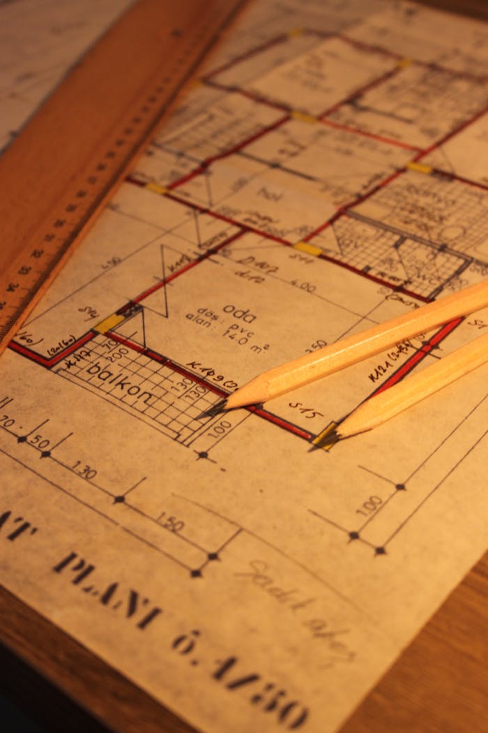 gallery-6 Close-up of architectural floor plan with pencil and ruler, ideal for design concepts.