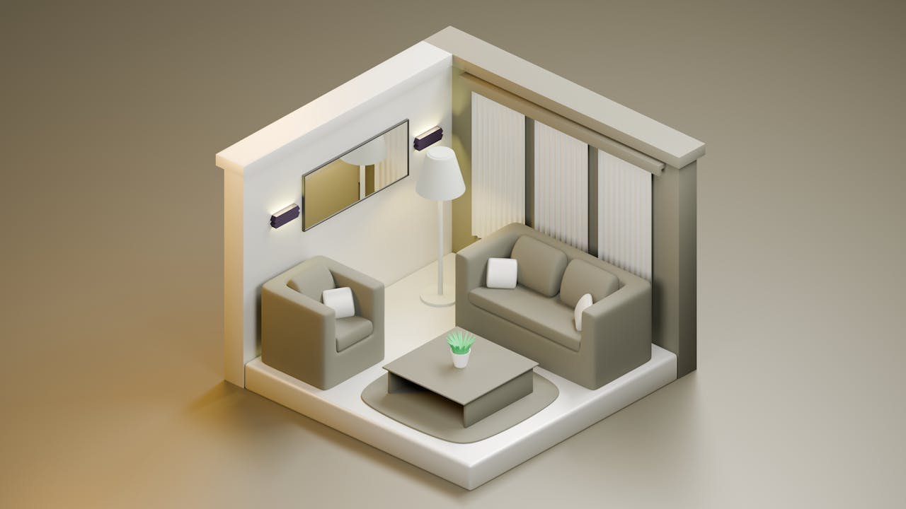 gallery-5 Modern isometric living room with minimalist design featuring cozy furniture and soothing colors.