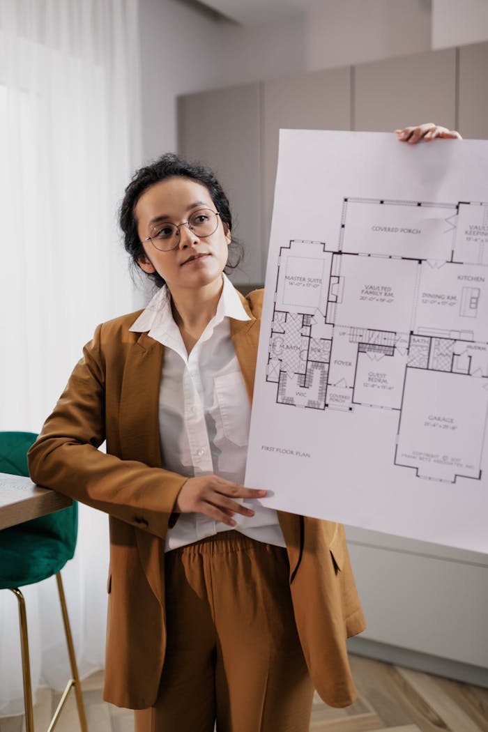 gallery-3 A realtor in business attire holds a detailed floor plan inside a modern office.
